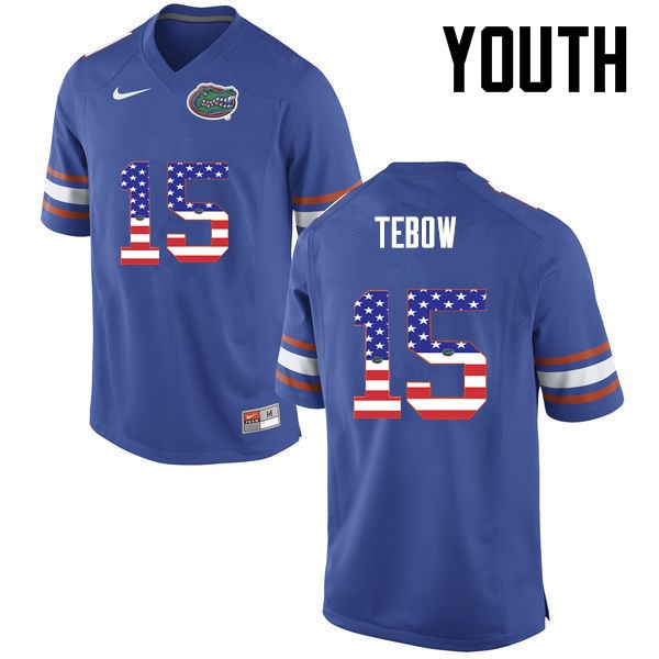 Florida Gators Youth #15 Tim Tebow College Football USA Flag Fashion Blue